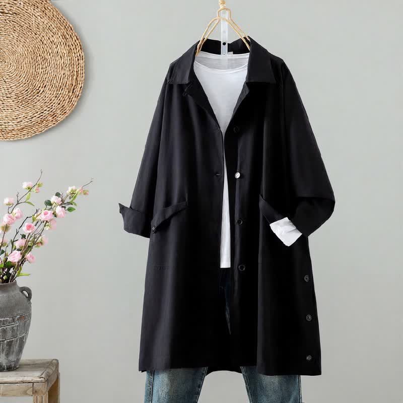 Buddha Stones Spring Fall Casual Minimalist Button-Up Solid Women's Coat With Pocket - Black - US12, UK/AU16, EU44 (2XL) - image 11