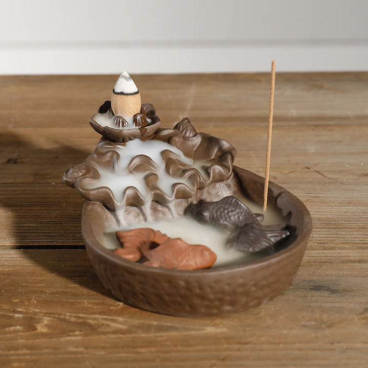 Buddha Stones Purple Clay Koi Fish Lotus Peace Backflow Incense Burner - Purple Clay(Calm ♥ Healing) - image 0