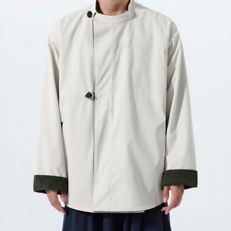 Buddha Stones Fall Winter Casual Tang Style Mandarin Collar Solid Corduroy Reversible Men's Jackets With Pocket - image 4