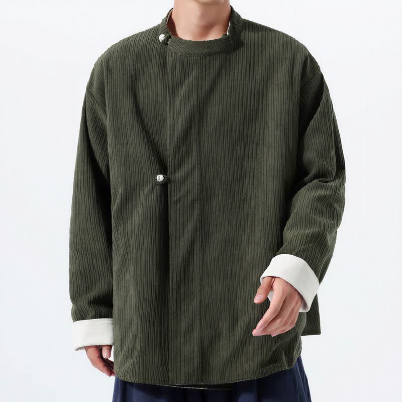 Buddha Stones Fall Winter Casual Tang Style Mandarin Collar Solid Corduroy Reversible Men's Jackets With Pocket - DarkOliveGreen - US/UK/AU46，EU56 (5XL) - image 0