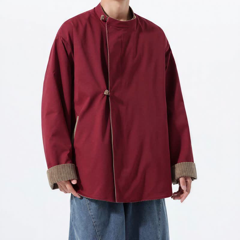 Buddha Stones Fall Winter Casual Tang Style Mandarin Collar Solid Corduroy Reversible Men's Jackets With Pocket - image 23