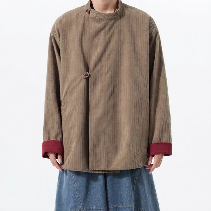 Buddha Stones Fall Winter Casual Tang Style Mandarin Collar Solid Corduroy Reversible Men's Jackets With Pocket - Khaki - US/UK/AU46，EU56 (5XL) - image 18