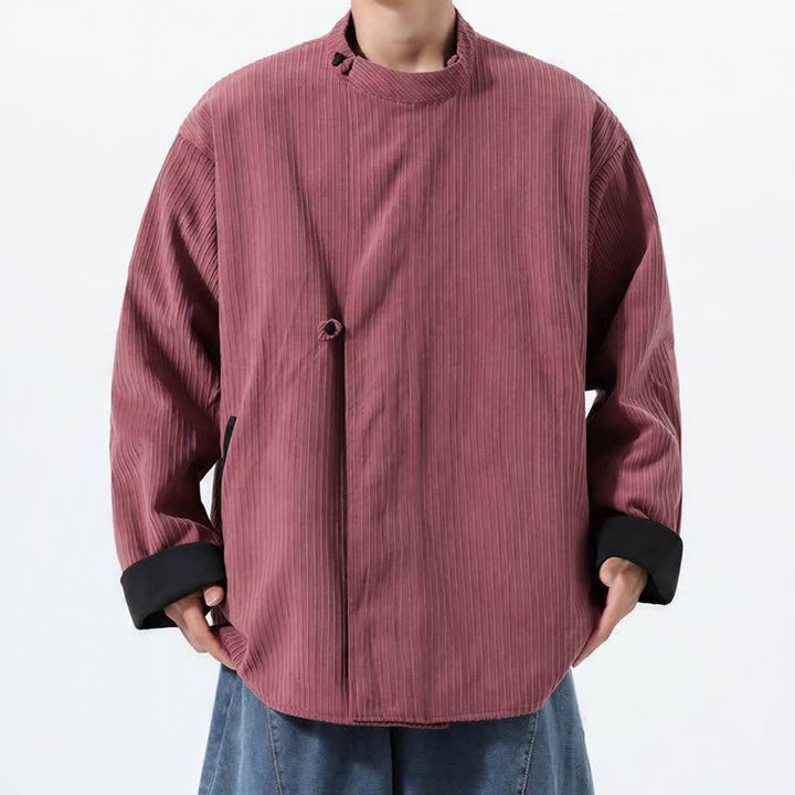 Buddha Stones Fall Winter Casual Tang Style Mandarin Collar Solid Corduroy Reversible Men's Jackets With Pocket - Pink - US/UK/AU46，EU56 (5XL) - image 11