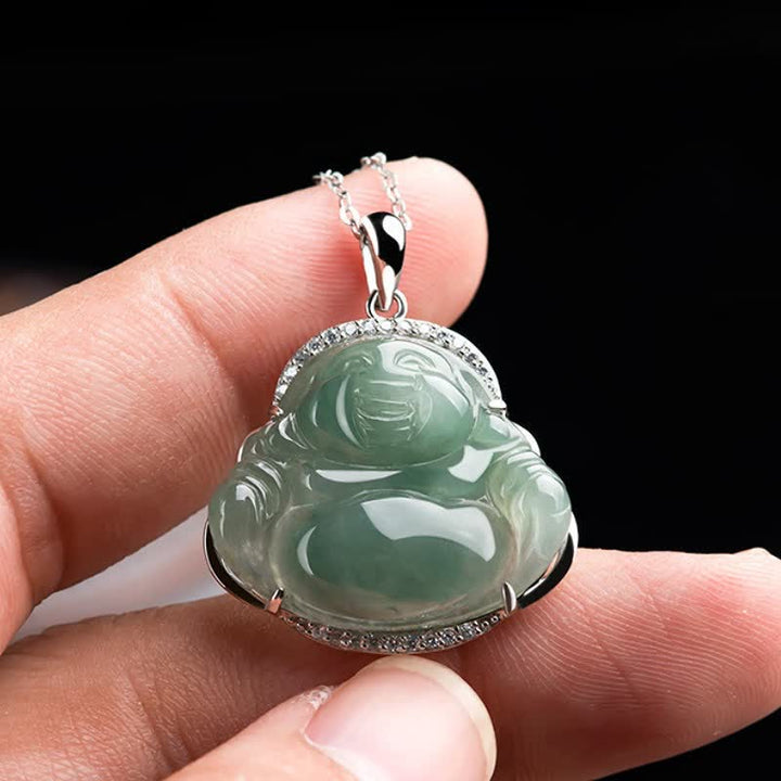 Buddha Stones 925 Sterling Silver Inlay Green Jade Laughing Buddha Luck Pendant Titanium Steel Chain Necklace - image 7