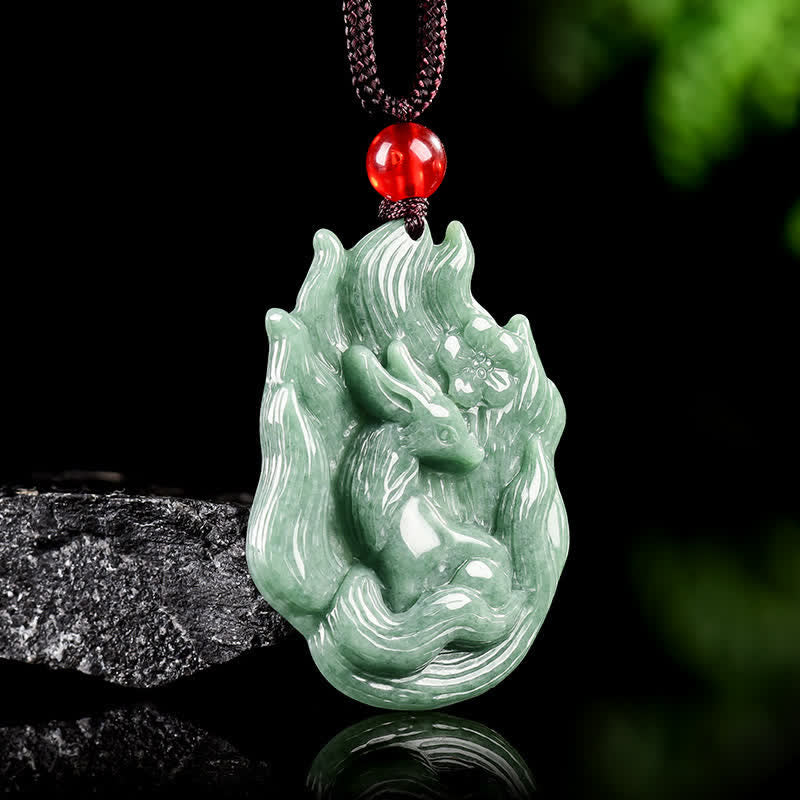 Buddha Stones Jade Nine-Tail Fox Luck Relief Carved Pendant Necklace - image 1