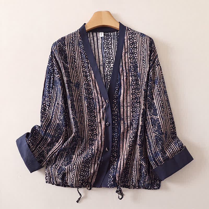 Buddha Stones Spring Summer Vintage Bohemian Button-Up Geometric Women's Long Sleeve Shirts - Navy - US8-10, UK/AU12-14, EU40-42 (2XL) - image 0
