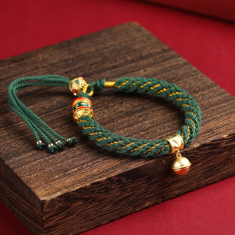 Buddha Stones Hand-Woven Tibetan Om Mani Padme Hum Wisdom Bell Charm Multicolor Rope Bracelet - Green(Wrist Circumference: 5.9–6.7 in / 15–17 cm) - image 13