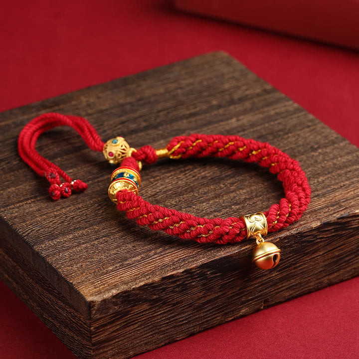 Buddha Stones Hand-Woven Tibetan Om Mani Padme Hum Wisdom Bell Charm Multicolor Rope Bracelet - Burgundy(Wrist Circumference: 5.9–6.7 in / 15–17 cm) - image 0