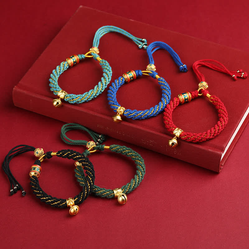 Buddha Stones Hand-Woven Tibetan Om Mani Padme Hum Wisdom Bell Charm Multicolor Rope Bracelet - image 1