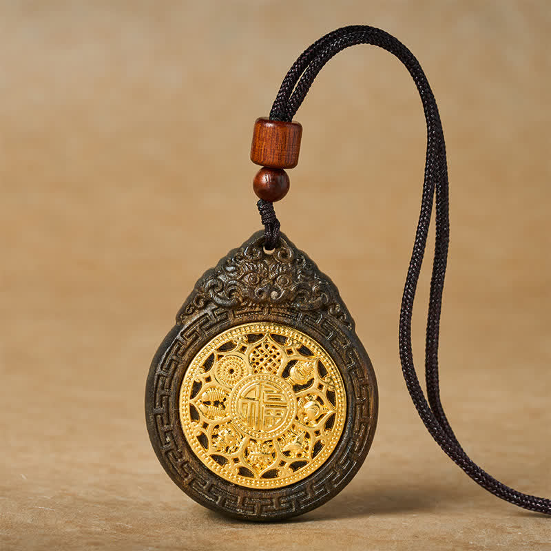 Buddha Stones Auspicious Beast Sappanwood Hand Carved Fu Character Blessing Pendant Necklace - Auspicious Beast - image 0