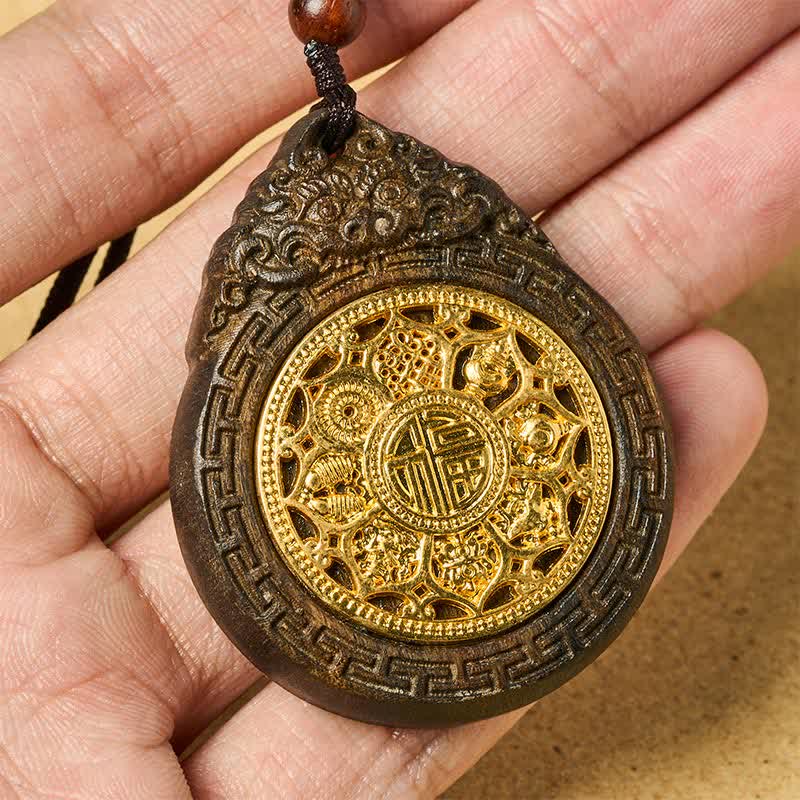 Buddha Stones Auspicious Beast Sappanwood Hand Carved Fu Character Blessing Pendant Necklace - image 4