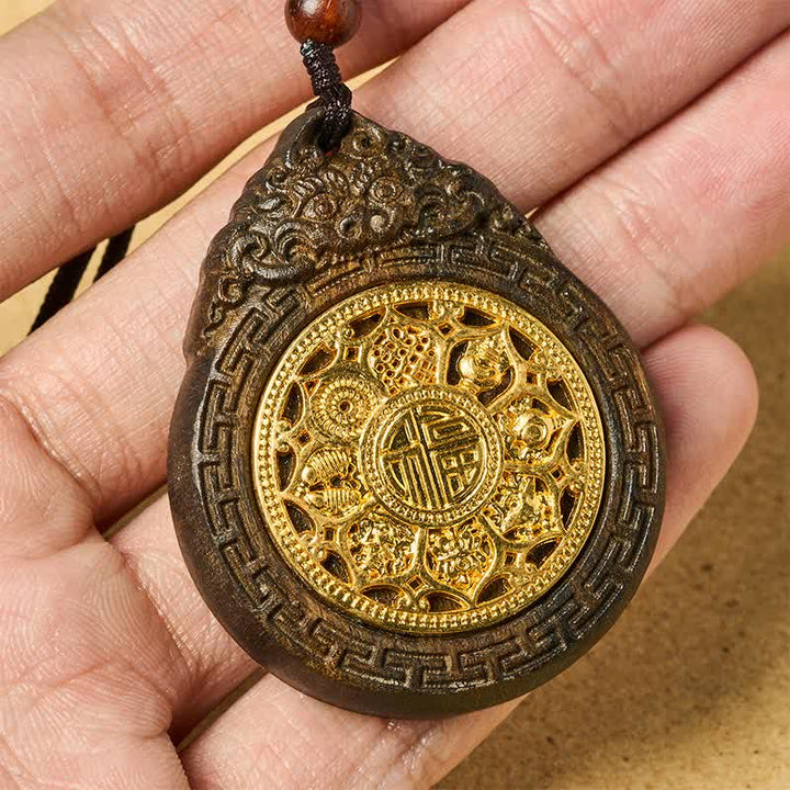 Buddha Stones Auspicious Beast Sappanwood Hand Carved Fu Character Blessing Pendant Necklace - image 4