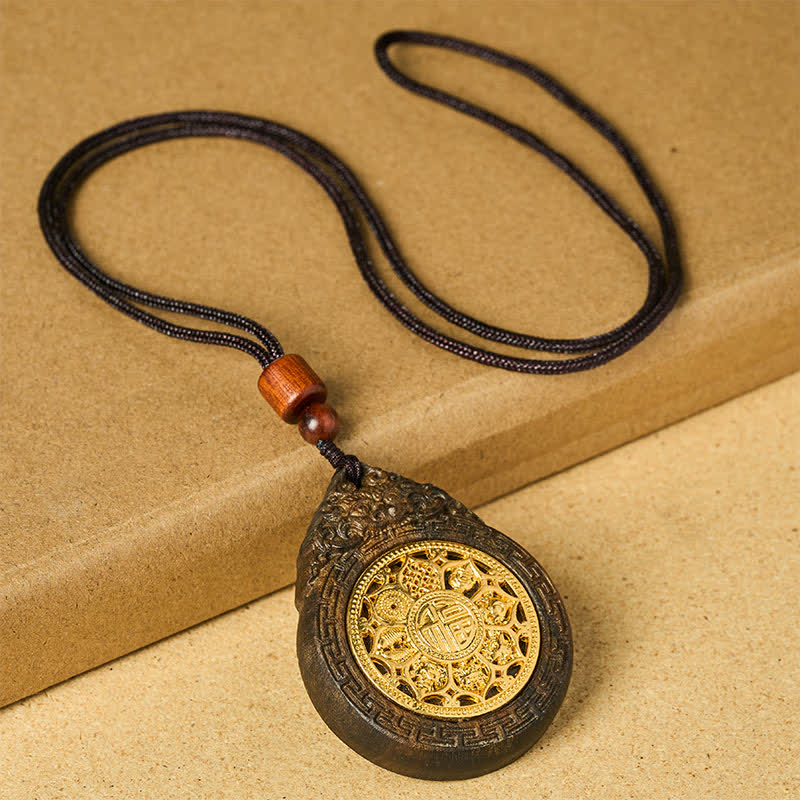 Buddha Stones Auspicious Beast Sappanwood Hand Carved Fu Character Blessing Pendant Necklace - image 1