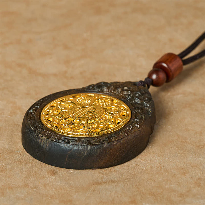 Buddha Stones Auspicious Beast Sappanwood Hand Carved Fu Character Blessing Pendant Necklace - image 3