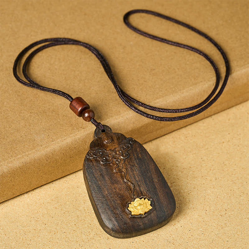 Buddha Stones Sappanwood Auspicious Clouds Lotus Carved New Beginnings Pendant Necklace - image 1