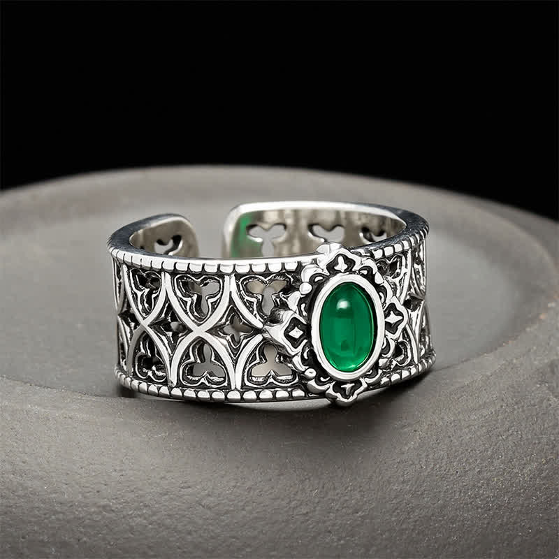 Buddha Stones Vintage Green Agate Balance Engraved Open Ring - Approx. 18-20mm(US 8-US 10) - image 0