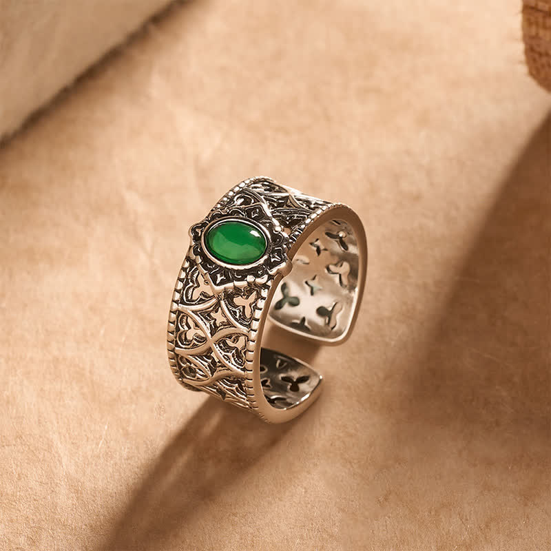 Buddha Stones Vintage Green Agate Balance Engraved Open Ring - image 1