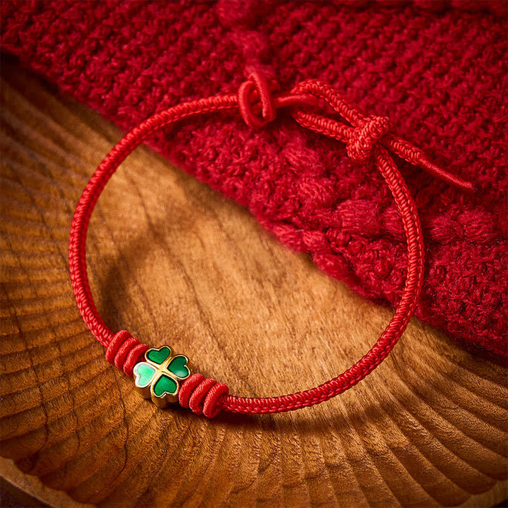 Buddha Stones Hand-Woven Red Rope Heart-Shaped Green Four Leaf Clover Luck Bracelet - image 2