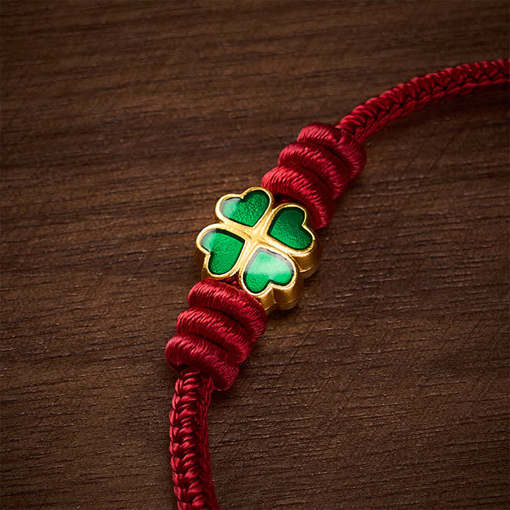 Buddha Stones Hand-Woven Red Rope Heart-Shaped Green Four Leaf Clover Luck Bracelet - image 13