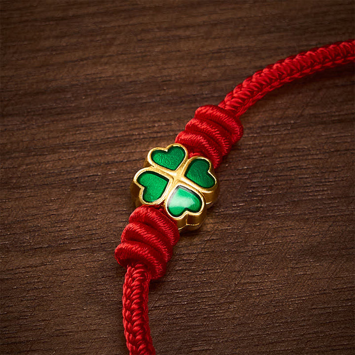 Buddha Stones Hand-Woven Red Rope Heart-Shaped Green Four Leaf Clover Luck Bracelet - image 4