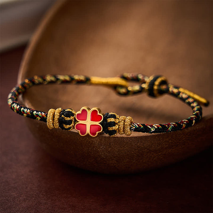 Buddha Stones Hand-Woven String Heart-Shaped Red Four Leaf Clover Healing Rope Bracelet - Black(Wrist Circumference: 5.9–6.7 in / 15–17 cm) - image 0