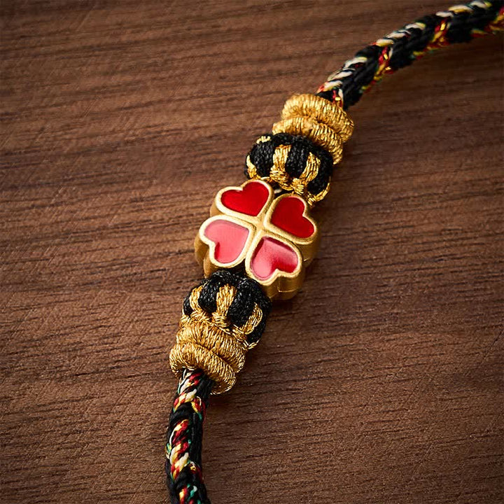 Buddha Stones Hand-Woven String Heart-Shaped Red Four Leaf Clover Healing Rope Bracelet - image 4