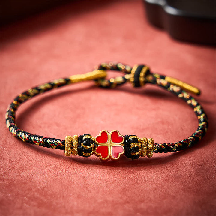 Buddha Stones Hand-Woven String Heart-Shaped Red Four Leaf Clover Healing Rope Bracelet - image 3