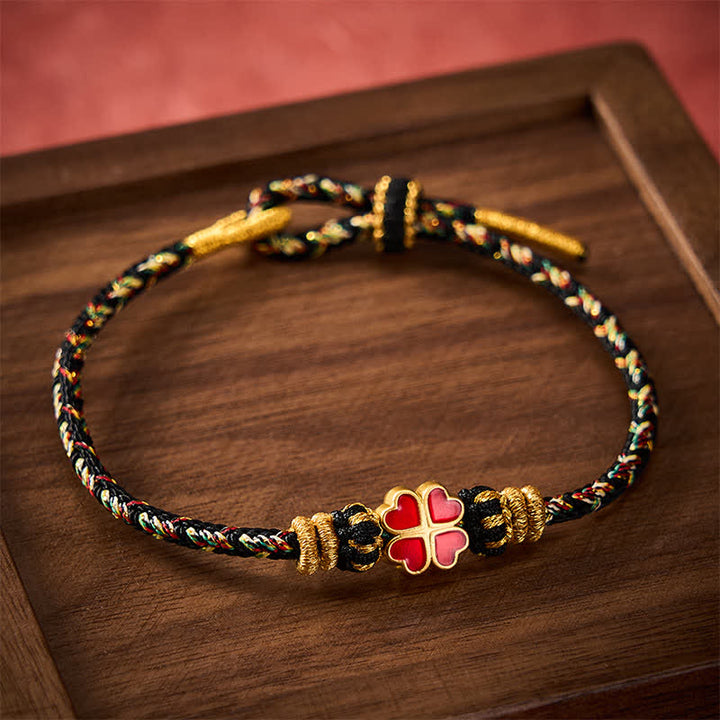 Buddha Stones Hand-Woven String Heart-Shaped Red Four Leaf Clover Healing Rope Bracelet - image 1