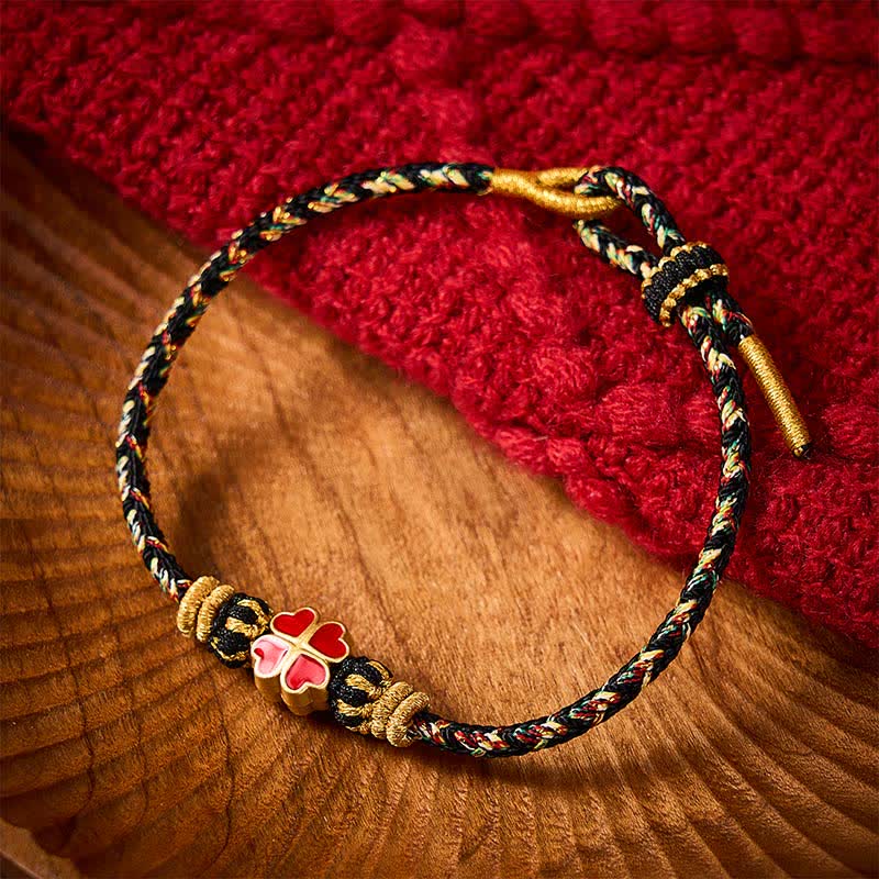 Buddha Stones Hand-Woven String Heart-Shaped Red Four Leaf Clover Healing Rope Bracelet - image 2
