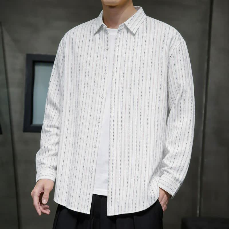 Buddha Stones Fall Casual Vintage Button-Up Striped Cotton Men's Long Sleeve Shirts With Patch Pocket - White - US/UK/AU42, EU52 (3XL) - image 12