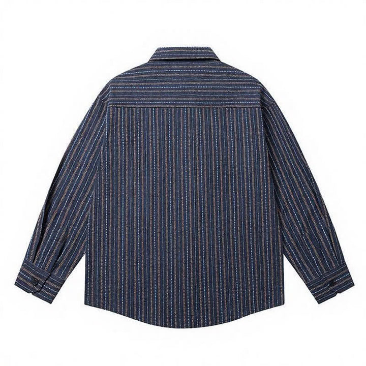 Buddha Stones Fall Casual Vintage Button-Up Striped Cotton Men's Long Sleeve Shirts With Patch Pocket - image 3