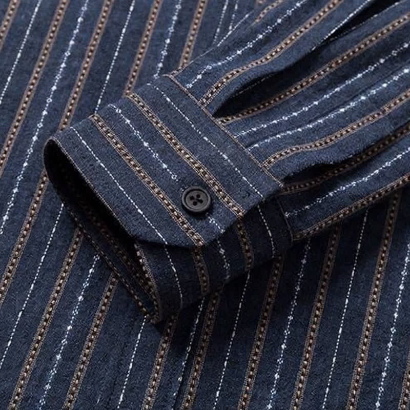 Buddha Stones Fall Casual Vintage Button-Up Striped Cotton Men's Long Sleeve Shirts With Patch Pocket - image 6