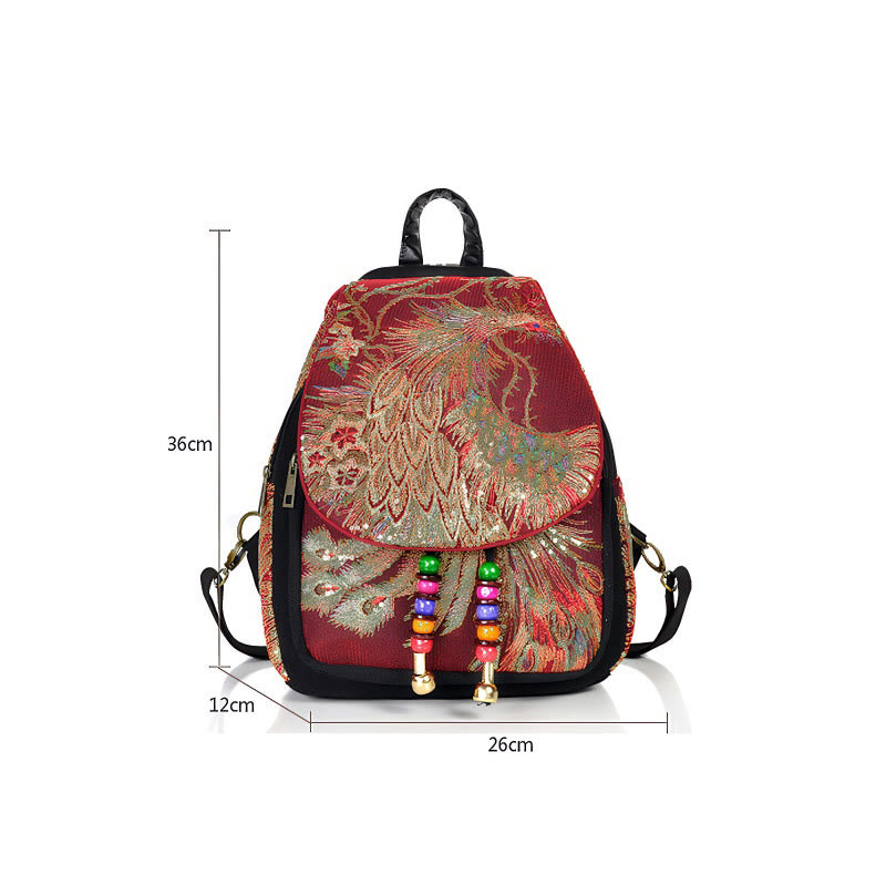 Buddha Stones Peacock Embroidery Canvas Tassel Backpack - image 19