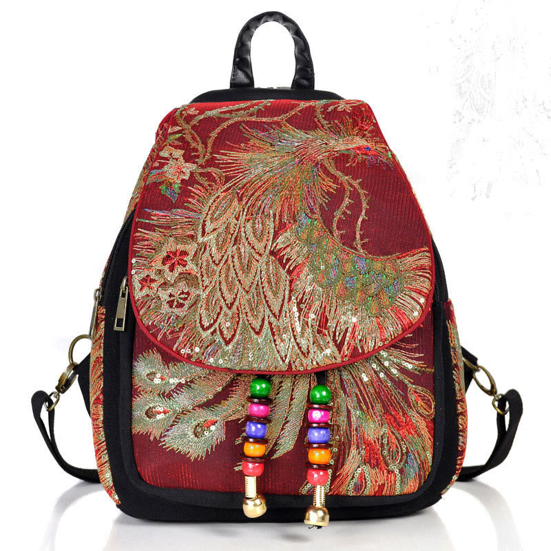 Buddha Stones Peacock Embroidery Canvas Tassel Backpack - Wine Red Peacock - image 18