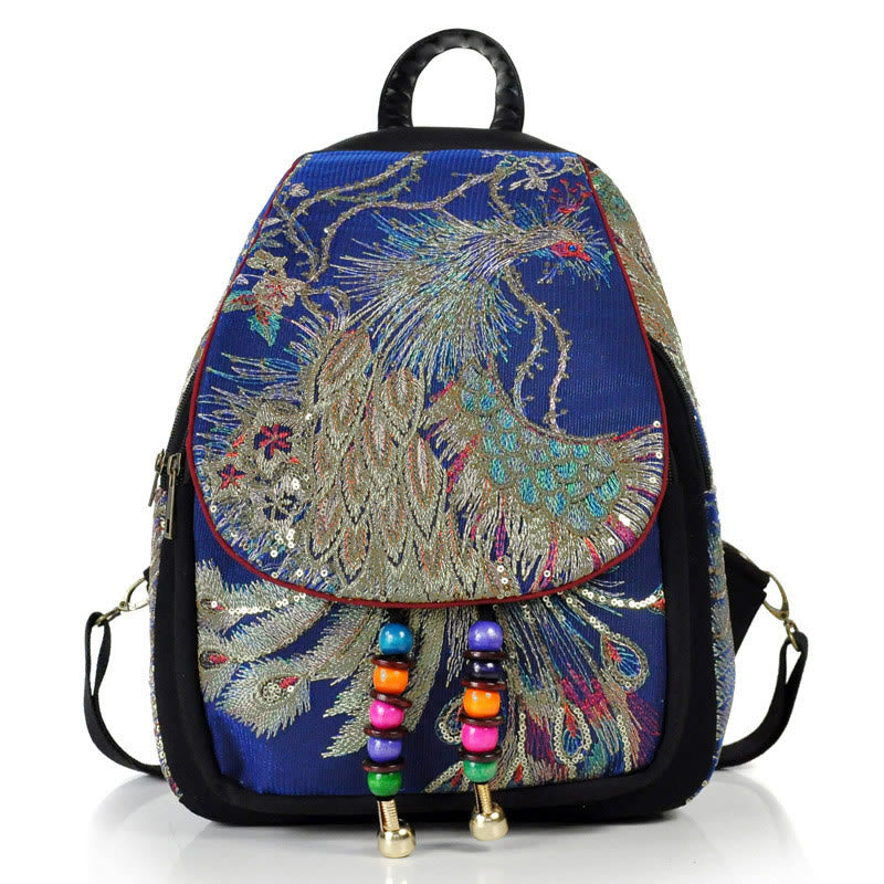 Buddha Stones Peacock Embroidery Canvas Tassel Backpack - Dark Blue Peacock - image 17