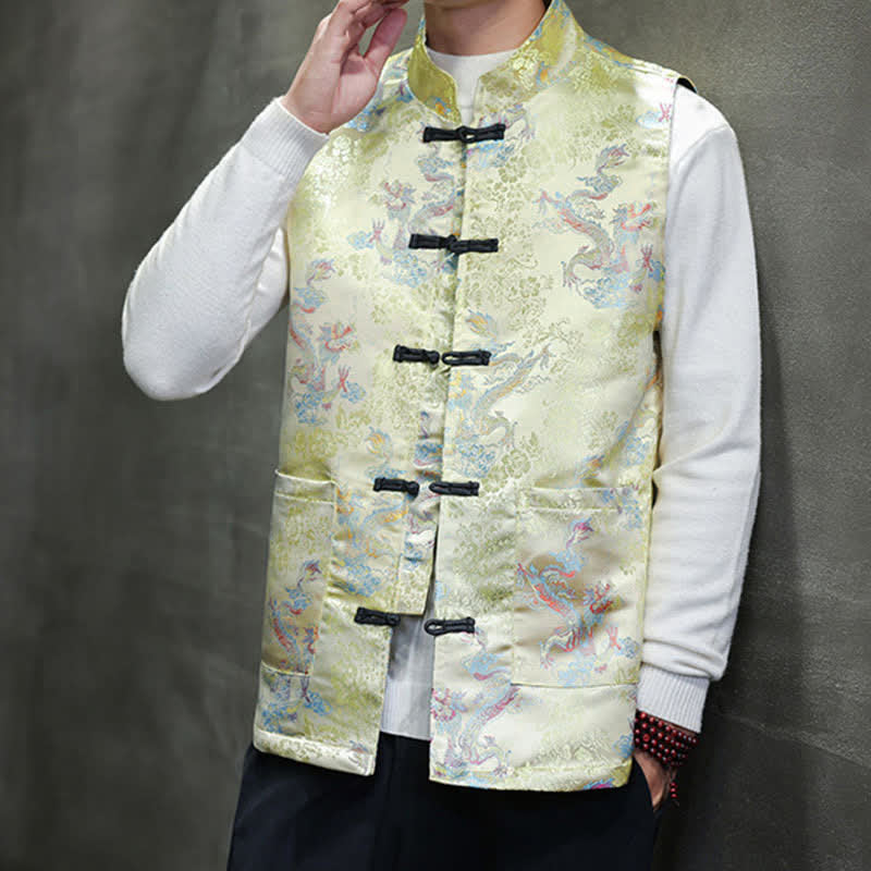 Buddha Stones Fall Winter Tang Style Mandarin Collar Dragon Phoenix Tank Top Men's Vest With Pockets - image 5
