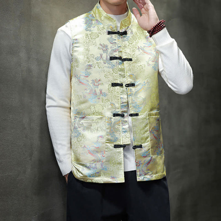 Buddha Stones Fall Winter Tang Style Mandarin Collar Dragon Phoenix Tank Top Men's Vest With Pockets - image 2