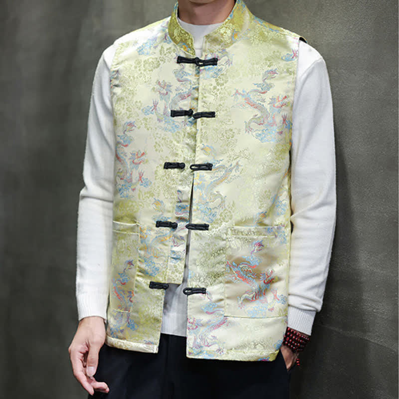 Buddha Stones Fall Winter Tang Style Mandarin Collar Dragon Phoenix Tank Top Men's Vest With Pockets - LightGoldenrodYellow - US/UK/AU46, EU56 (5XL) - image 0