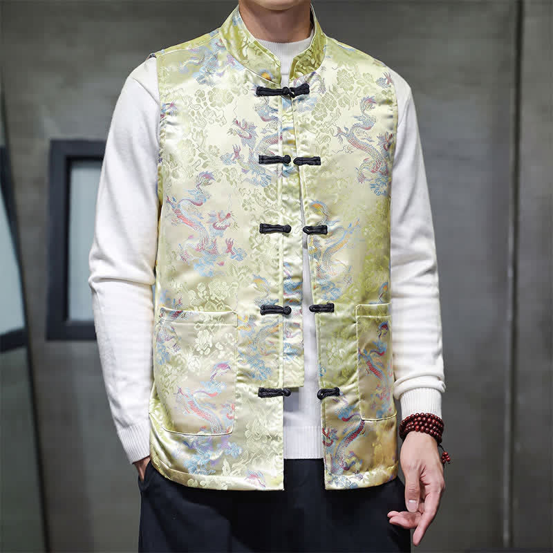 Buddha Stones Fall Winter Tang Style Mandarin Collar Dragon Phoenix Tank Top Men's Vest With Pockets - image 3