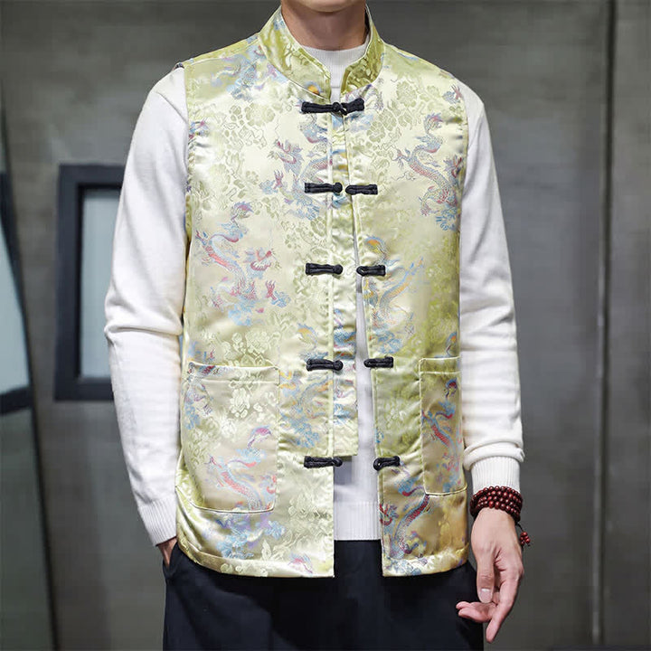 Buddha Stones Fall Winter Tang Style Mandarin Collar Dragon Phoenix Tank Top Men's Vest With Pockets - image 3