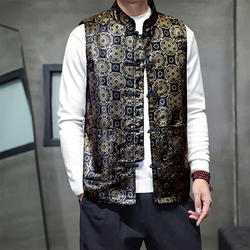 Buddha Stones Fall Winter Tang Style Mandarin Collar Dragon Phoenix Tank Top Men's Vest With Pockets - image 15