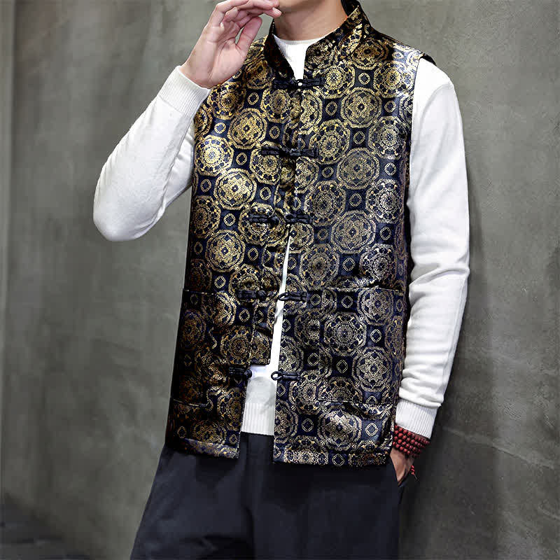 Buddha Stones Fall Winter Tang Style Mandarin Collar Dragon Phoenix Tank Top Men's Vest With Pockets - image 16