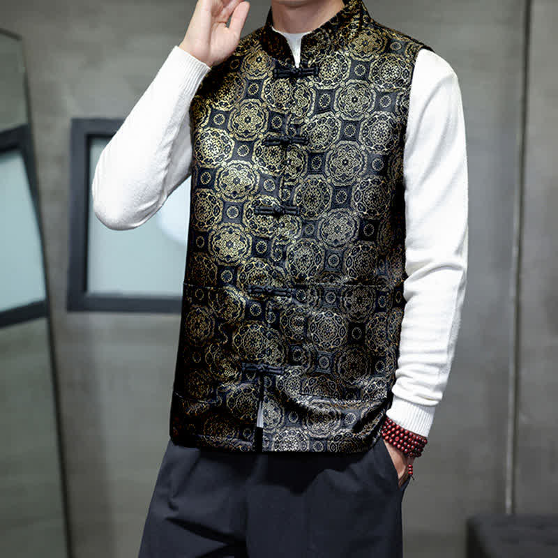 Buddha Stones Fall Winter Tang Style Mandarin Collar Dragon Phoenix Tank Top Men's Vest With Pockets - image 14