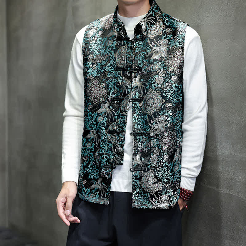 Buddha Stones Fall Winter Tang Style Mandarin Collar Dragon Phoenix Tank Top Men's Vest With Pockets - image 25