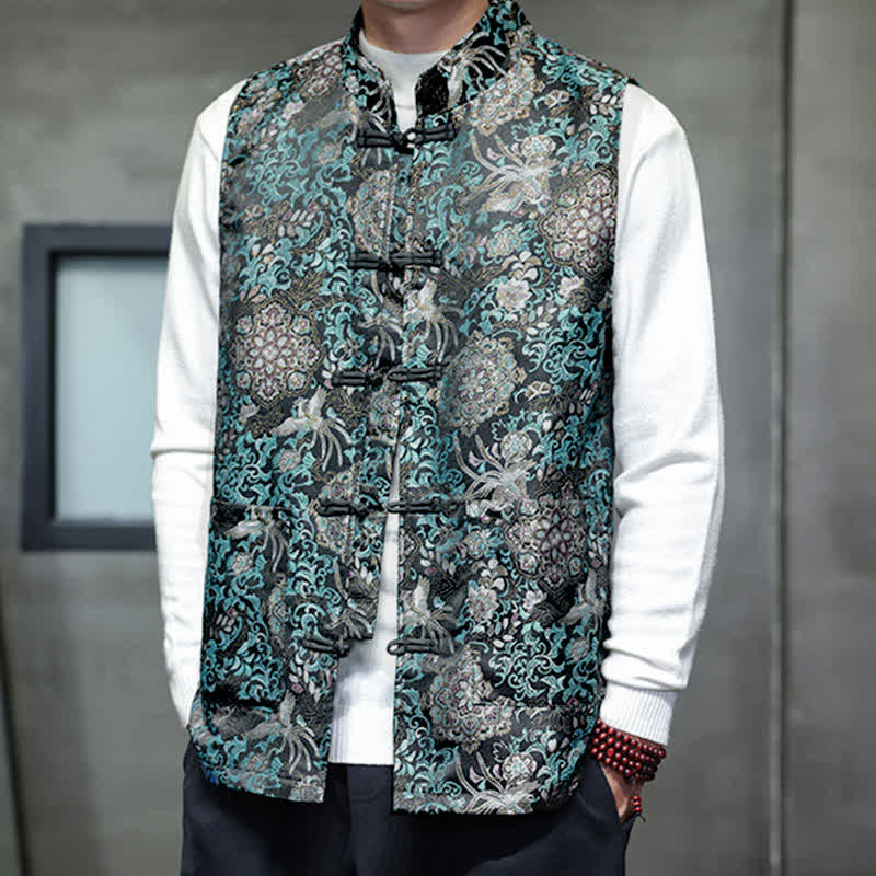 Buddha Stones Fall Winter Tang Style Mandarin Collar Dragon Phoenix Tank Top Men's Vest With Pockets - image 23