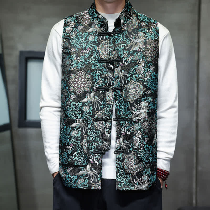 Buddha Stones Fall Winter Tang Style Mandarin Collar Dragon Phoenix Tank Top Men's Vest With Pockets - Teal - US/UK/AU46, EU56 (5XL) - image 18