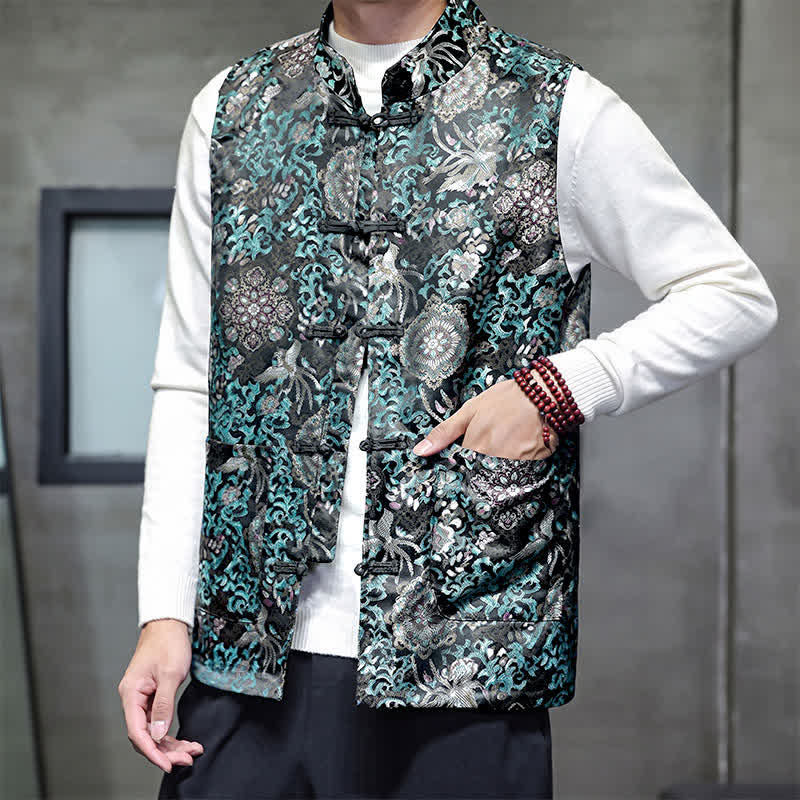 Buddha Stones Fall Winter Tang Style Mandarin Collar Dragon Phoenix Tank Top Men's Vest With Pockets - image 20