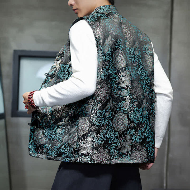 Buddha Stones Fall Winter Tang Style Mandarin Collar Dragon Phoenix Tank Top Men's Vest With Pockets - image 21