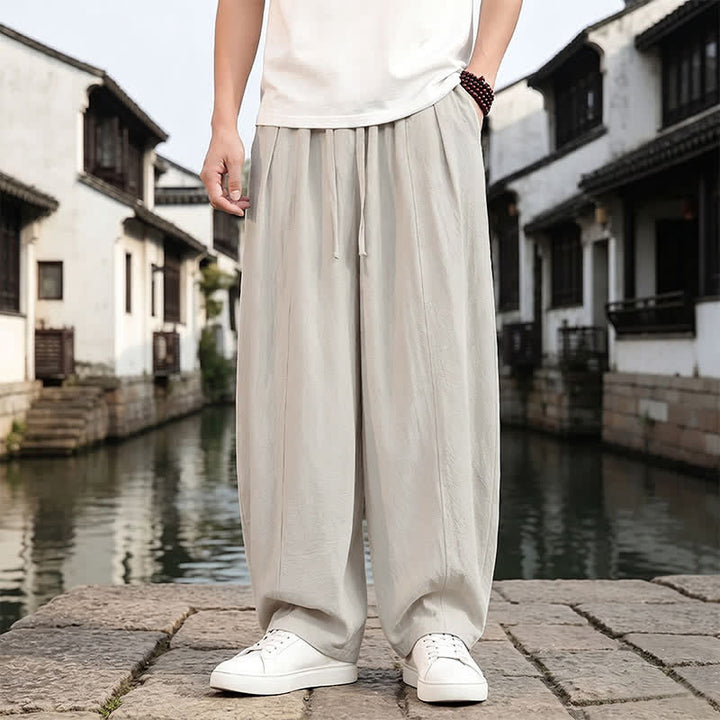 Buddha Stones Spring Summer Retro Simple Drawstring Solid Ankle Pants Men's Straight Leg Pants With Pocket - Linen - US/UK/AU46, EU56 (5XL) - image 6