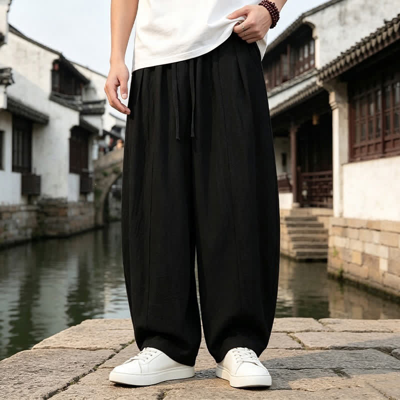 Buddha Stones Spring Summer Retro Simple Drawstring Solid Ankle Pants Men's Straight Leg Pants With Pocket - Black - US/UK/AU46, EU56 (5XL) - image 3